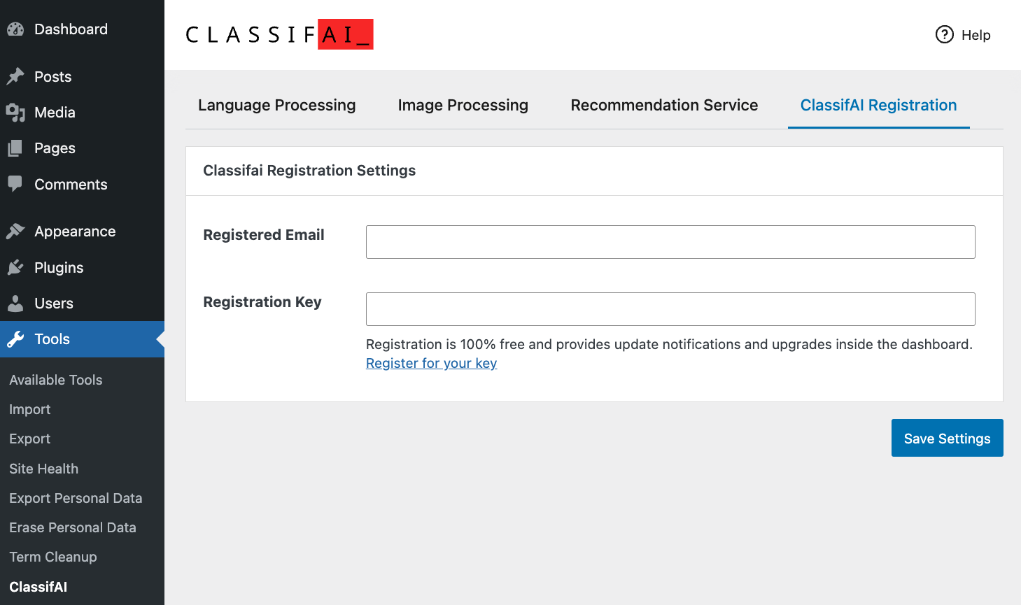 Example of an empty ClassifAI Settings registration screen. Screenshot of registration settings